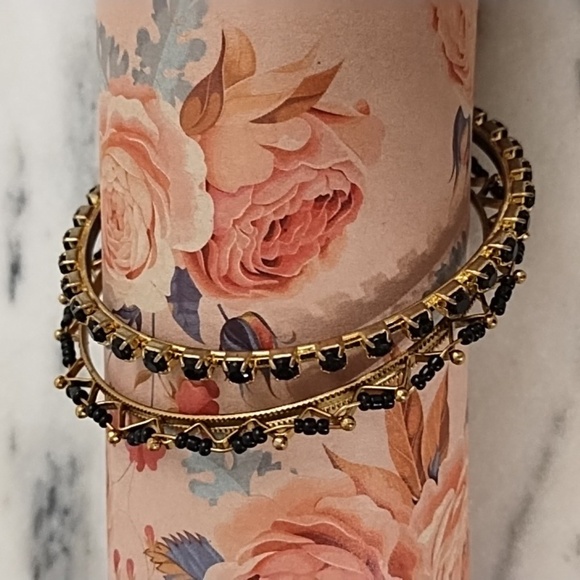 Vintage Gold & Black Bangle Bracelets Beads & Faceted Stones 4 Prong Setting. - Picture 1 of 12